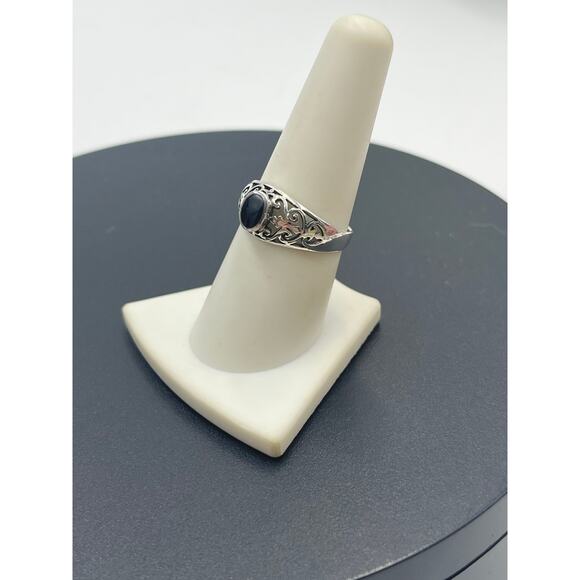 SU Vintage Sterling Silver THAILAND Women Black Onyx Scroll Filigree Ring Sz 8.5 - Picture 3 of 11